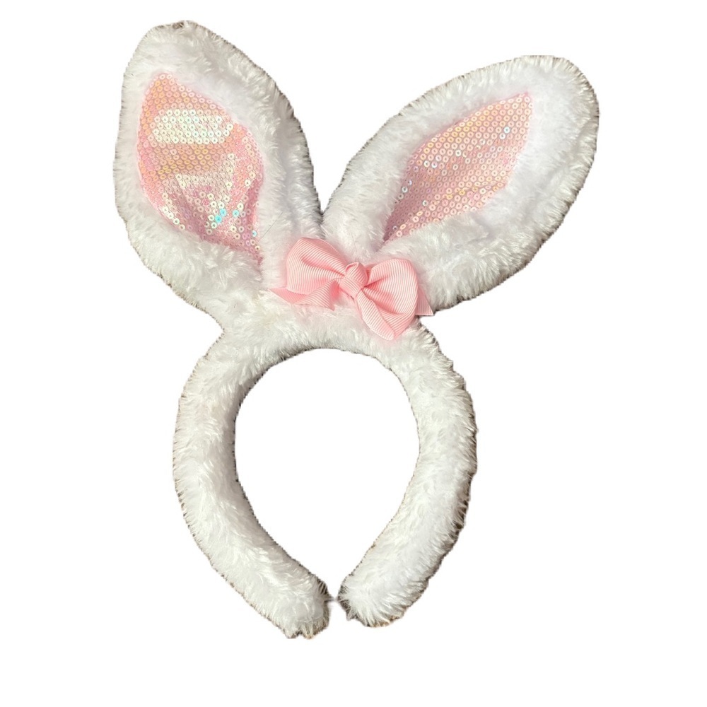 White and Pink Bunny Ear Headband Plush Sequin Kids Easter Rabbit